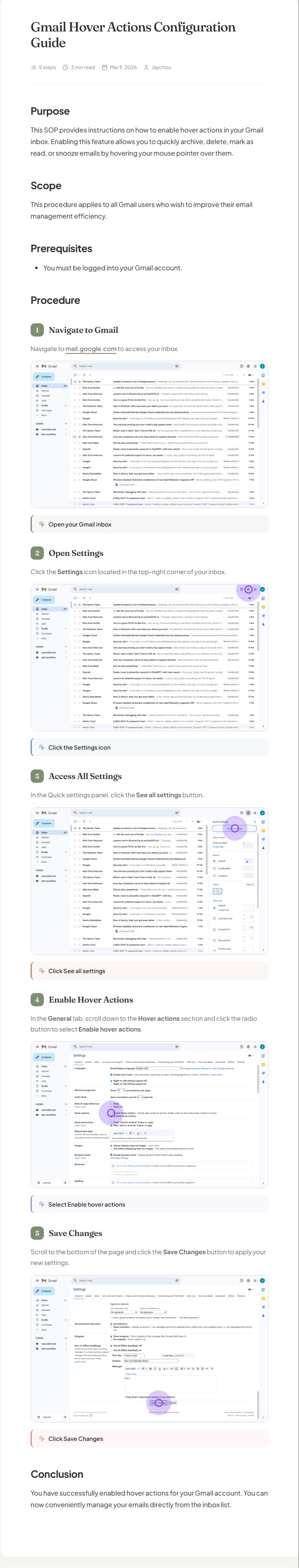 Glyde output — structured SOP with purpose, scope, prerequisites, and annotated procedure steps